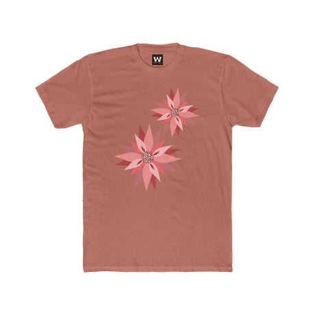 Terracotta crew-neck tee with two pink/red floral burst graphics on the front.
