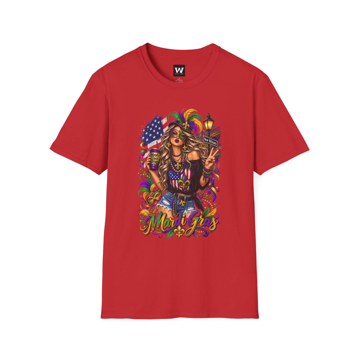 Red T-shirt with Mardi Gras queen portrait and flag graphic on front