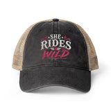 Women's Washed Mesh-Back Cap She Rides Wild Embroidered