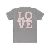 Heather grey crew tee with large “LOVE” block graphic on the front