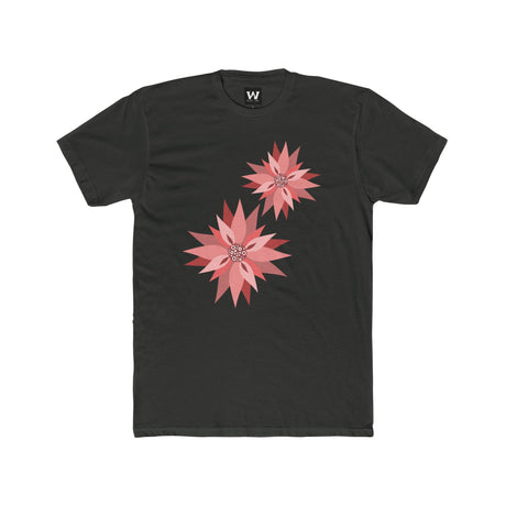 Black crew tee with pink and coral flower graphic on front