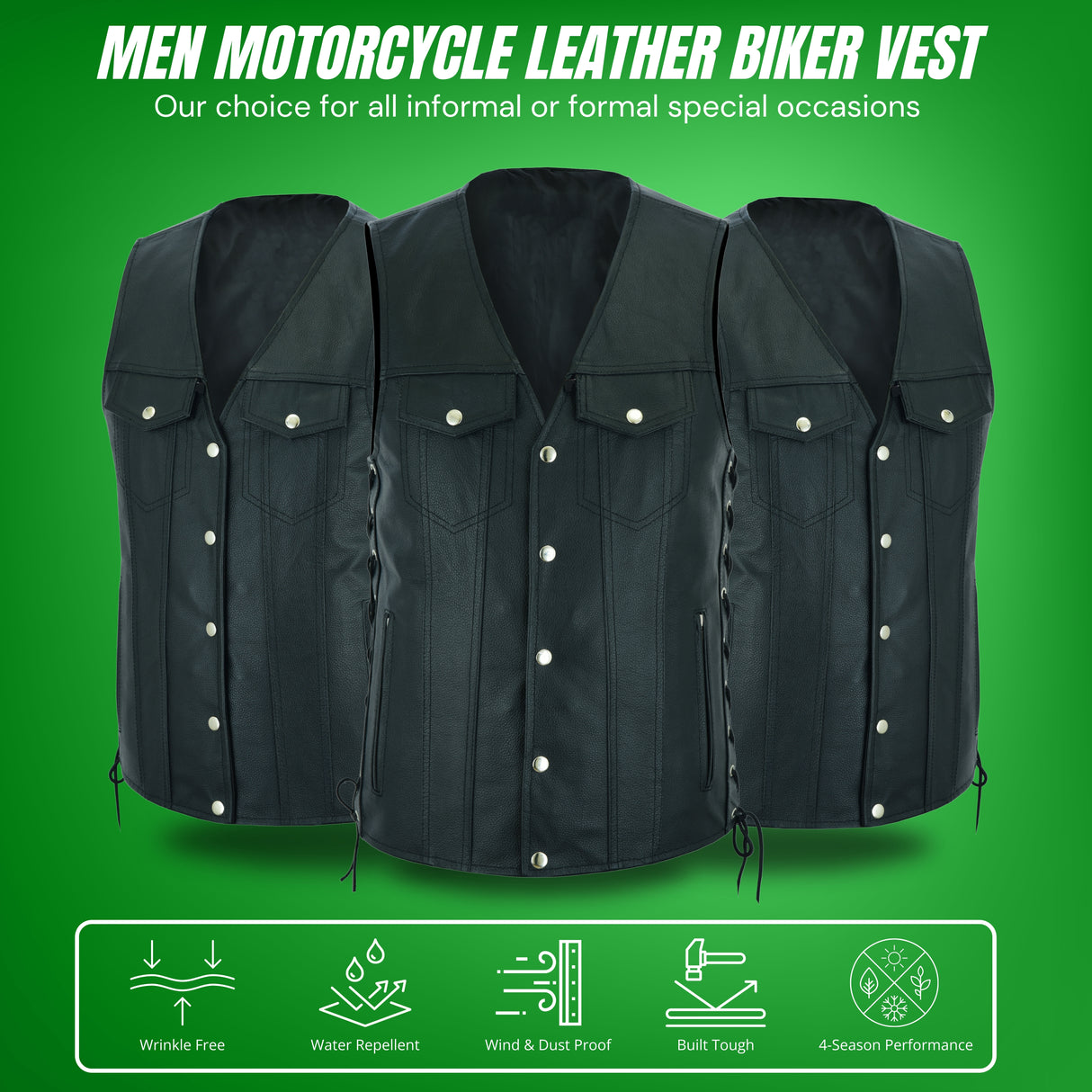 Men Side Lace Leather Style Biker Motorcycle Leather Vest Gun Pockets Carry Arms