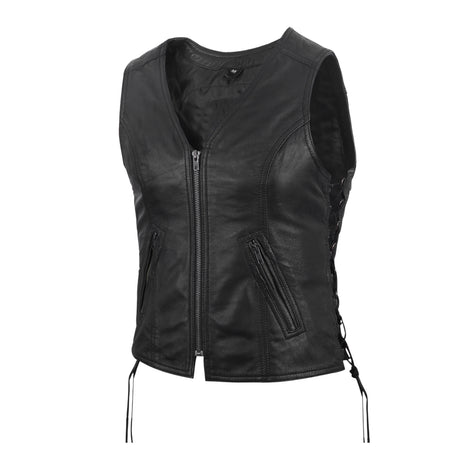 Women's Motorcycle Leather Vest Black Front Zipper side lace in Lamb Leather