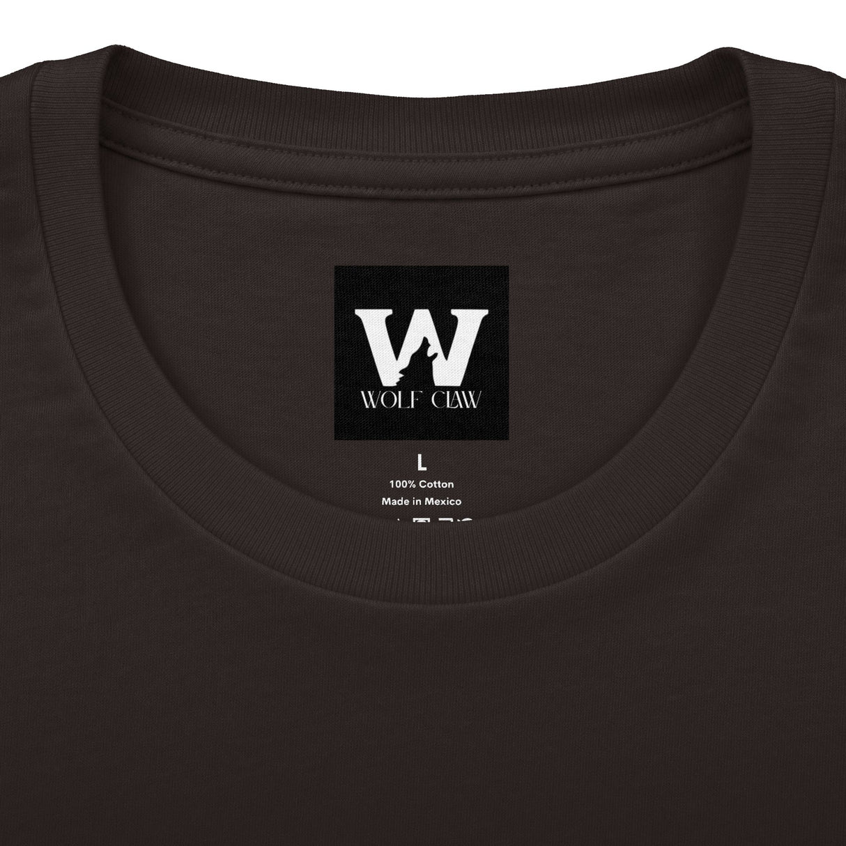 Black crew tee neckline with Wolf Claw logo patch and “100% Cotton” tag