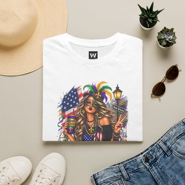 White T-shirt with Mardi Gras queen and American flag graphic on front