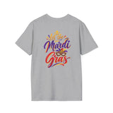 Light gray Mardi Gras T-shirt with “Let the Mardi Gras” text logo graphic on back.