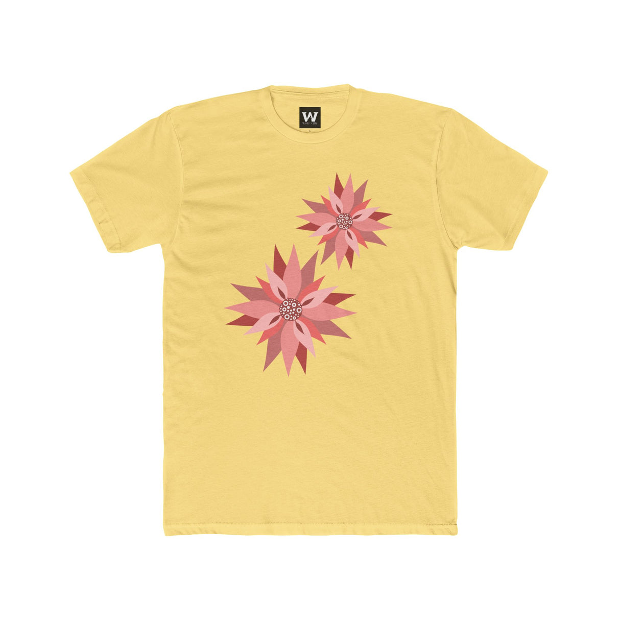 Pale yellow crew-neck tee with two pink/red floral burst graphics on the front.