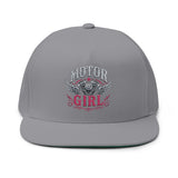 Motor Girl Embroidered Flat Bill Cap — Women's Biker Snapback Hat
