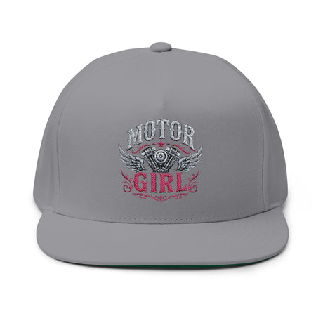 Motor Girl Embroidered Flat Bill Cap — Women's Biker Snapback Hat