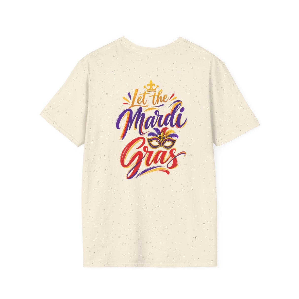 Cream T-shirt with colorful "Let the Mardi Gras" crest logo