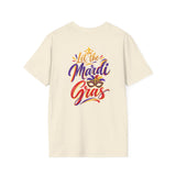 Cream T-shirt with colorful "Let the Mardi Gras" crest logo