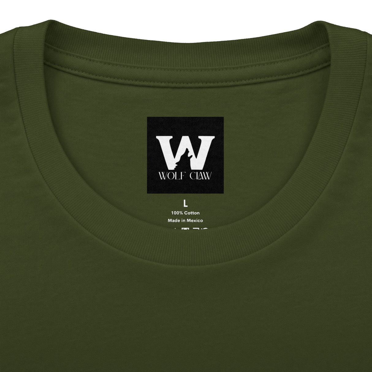 Dark green crew neck T-shirt with Wolf Claw logo patch on chest