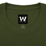 Dark green crew neck T-shirt with Wolf Claw logo patch on chest