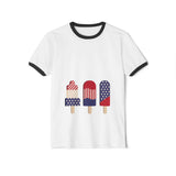 White ringer T-shirt with dark trim and patriotic popsicle graphic on the front