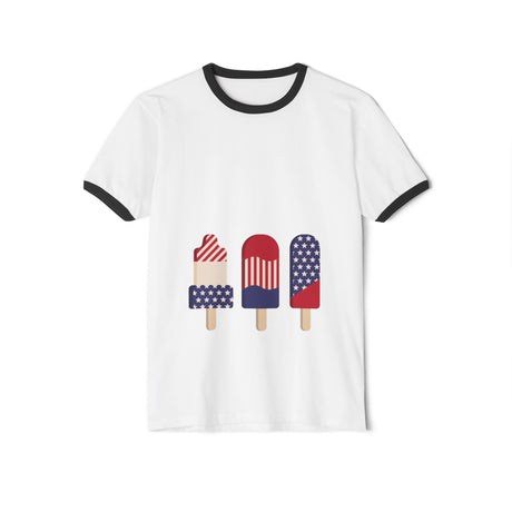 White ringer T-shirt with dark trim and patriotic popsicle graphic on the front