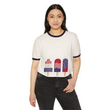 Cream ringer T-shirt with navy trim and patriotic popsicle graphic worn by a model