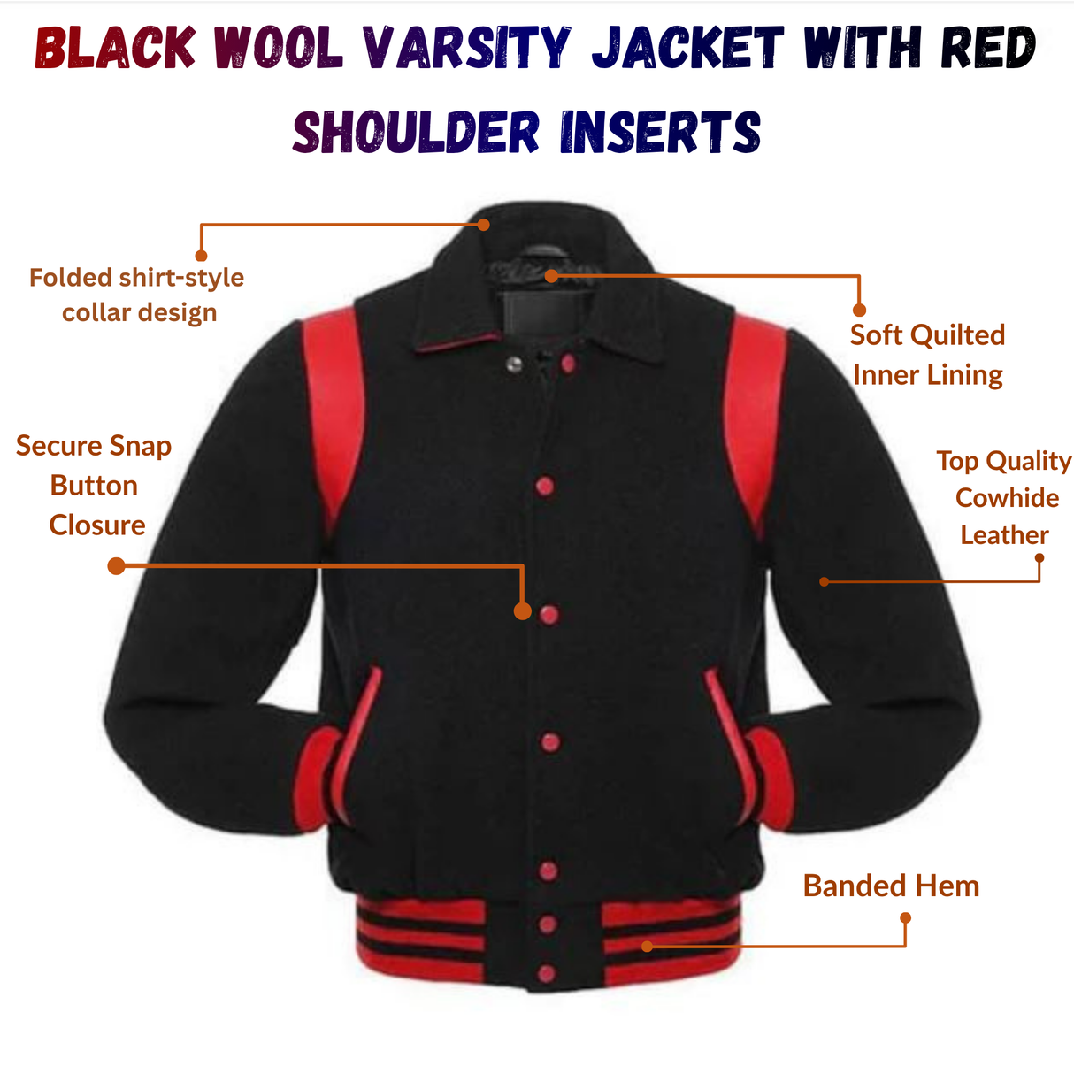 Black Wool Varsity Jacket With Red Shoulder Inserts