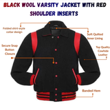 Black Wool Varsity Jacket With Red Shoulder Inserts