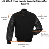 All Black Wool & Leather Sleeves Varsity Letterman Jacket