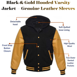 Men's Hooded Letterman Black Varsity Jacket Genuine Leather Sleeves - Golden