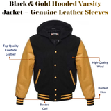Men's Hooded Letterman Black Varsity Jacket Genuine Leather Sleeves - Golden