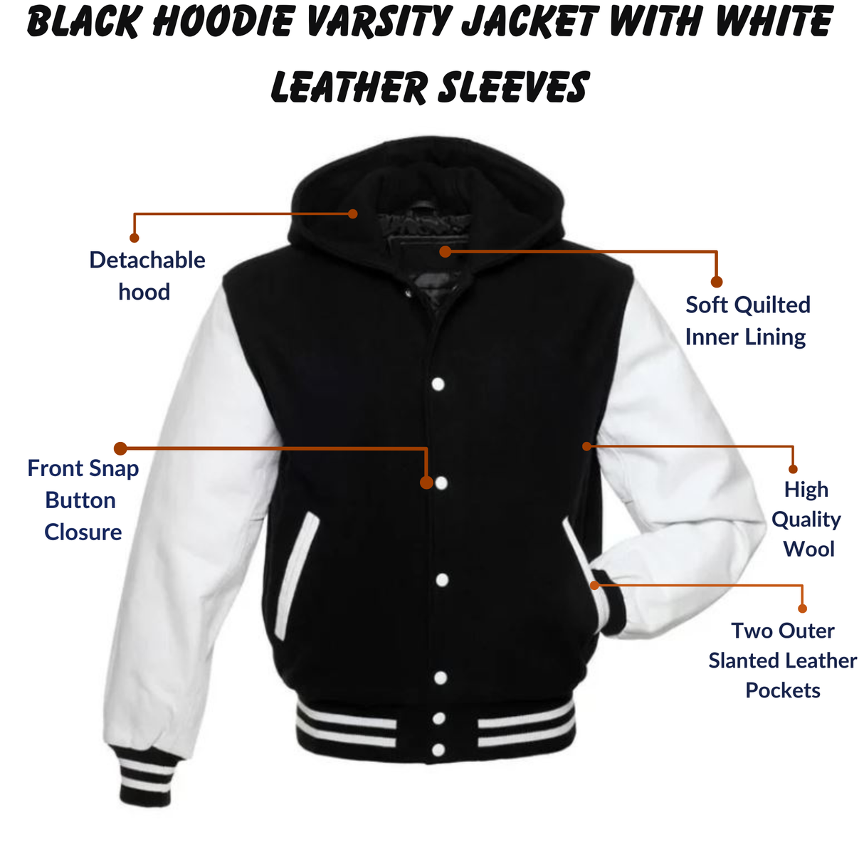 Black Hoodie Varsity Jacket With White Leather Sleeves