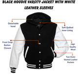 Black Hoodie Varsity Jacket With White Leather Sleeves