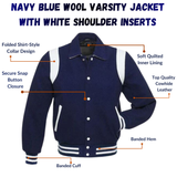 Navy Blue Wool Varsity Jacket With white Shoulder Inserts