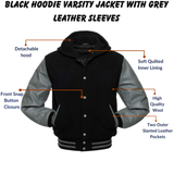 Black Hoodie Varsity Jacket With Grey Leather Sleeves