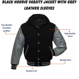 Black Hoodie Varsity Jacket With Grey Leather Sleeves