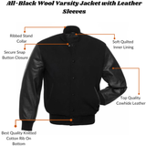 All Black Wool & Leather Sleeves Varsity Letterman Jacket