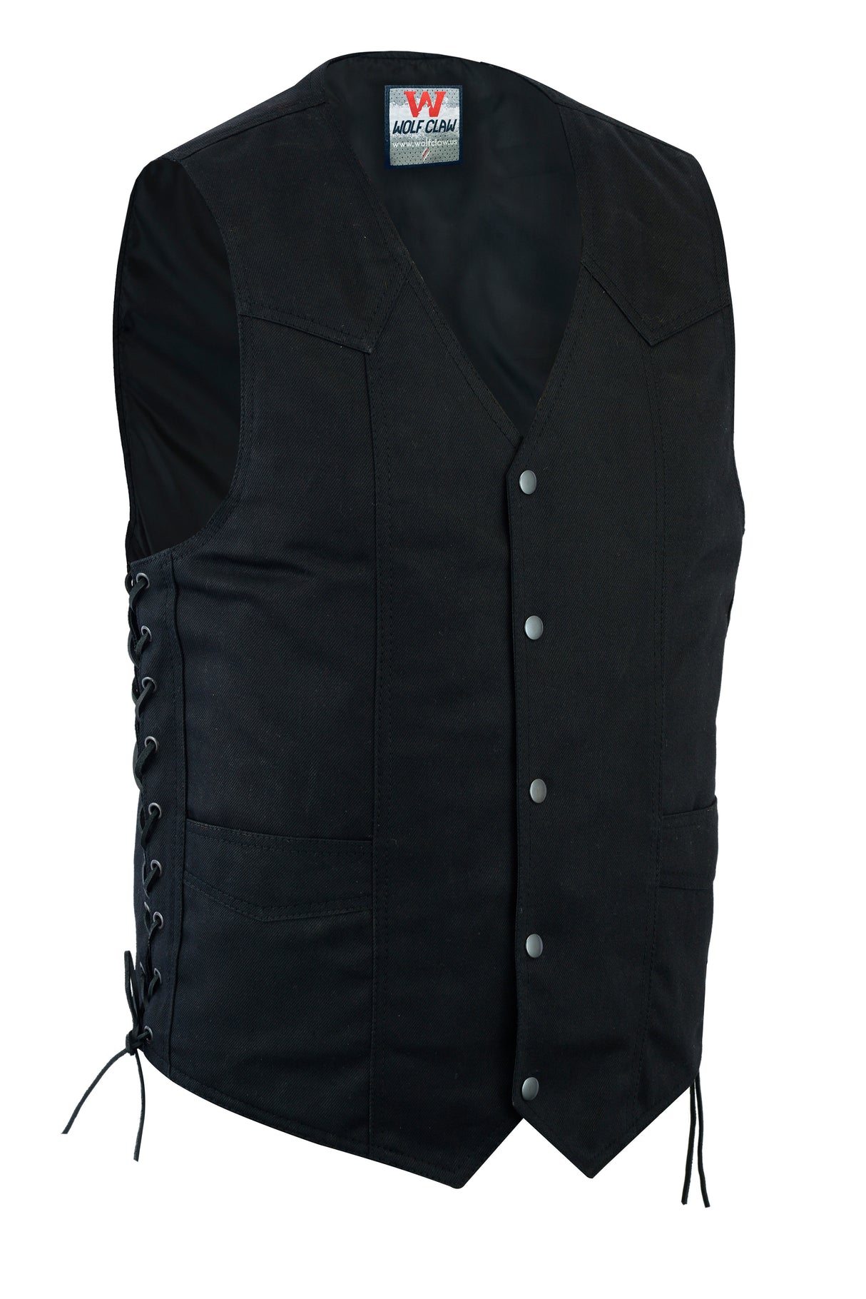 BLACK DENIM Men's Classic Denim Vest Black Motorcycle Easy Biker Patch Sewing, Side Lacing Western Cut
