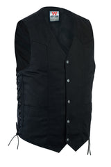 BLACK DENIM Men's Classic Denim Vest Black Motorcycle Easy Biker Patch Sewing, Side Lacing Western Cut