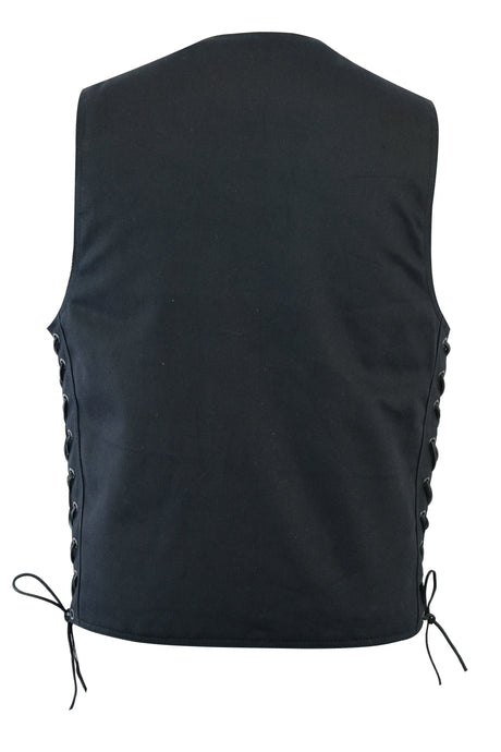 BLACK DENIM Men's Classic Denim Vest Black Motorcycle Easy Biker Patch Sewing, Side Lacing Western Cut