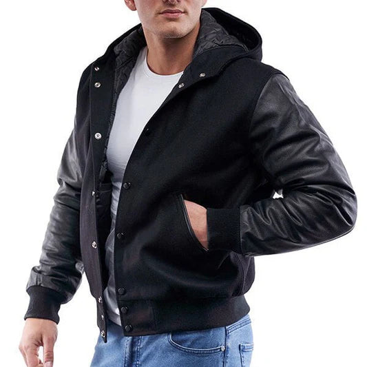 Premium Triple Black Hooded Varsity Letterman Jacket with Leather Sleeves - Varsity Jackets - Front View