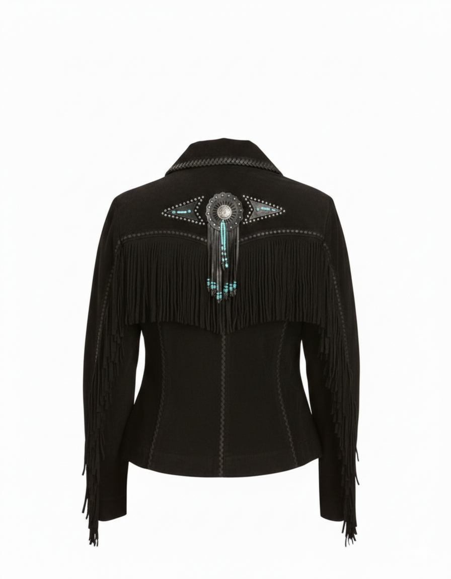 Women’s Black Suede Western Fringe Jacket with Beads – Cowboy Style