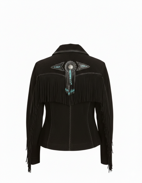 Women’s Native American Inspired Black Suede Leather Jacket with Fringe & Beads