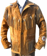 Men’s Native American Suede Fringe Jacket – Traditional Western Cowboy Beaded Leather Jacket