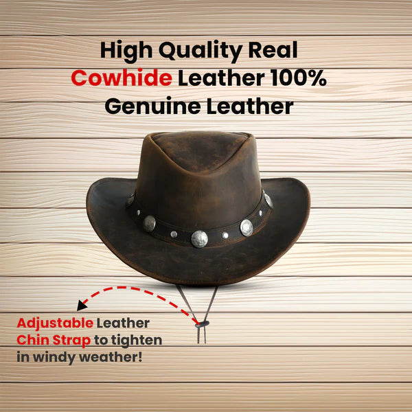 Brown Leather Cowboy Western Hat with Conchos & Leather Band
