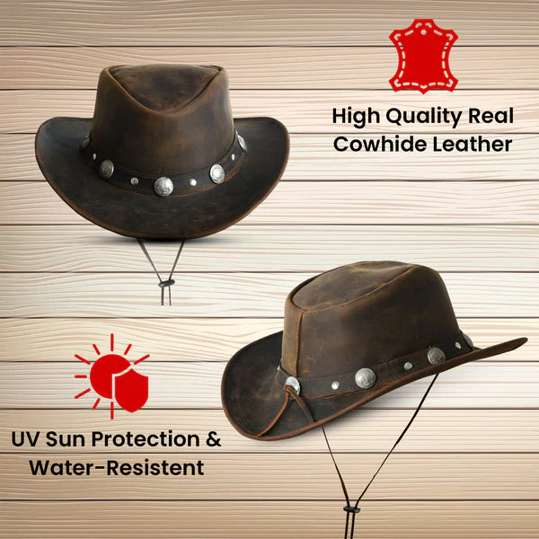 Brown Leather Cowboy Western Hat with Conchos & Leather Band