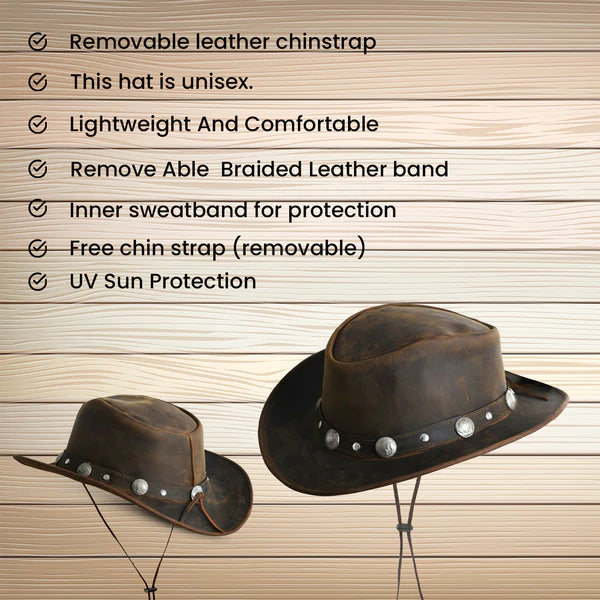 Brown Leather Cowboy Western Hat with Conchos & Leather Band