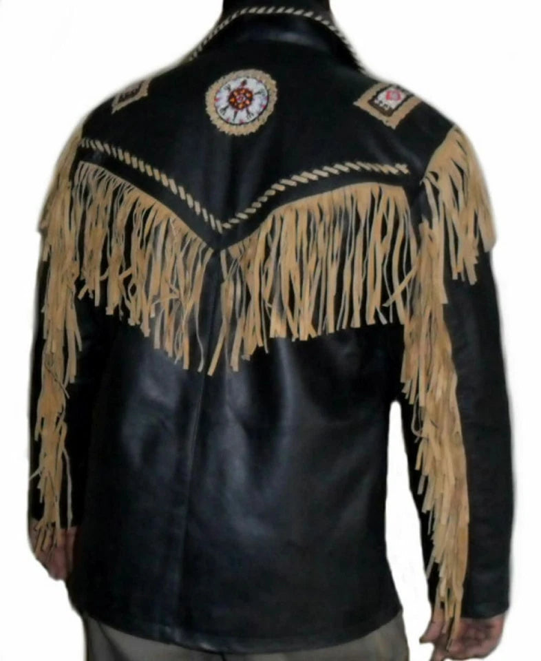 Western Cowboy Suede Fringe Jacket for Men, Handmade Beaded Native American Leather Jacket