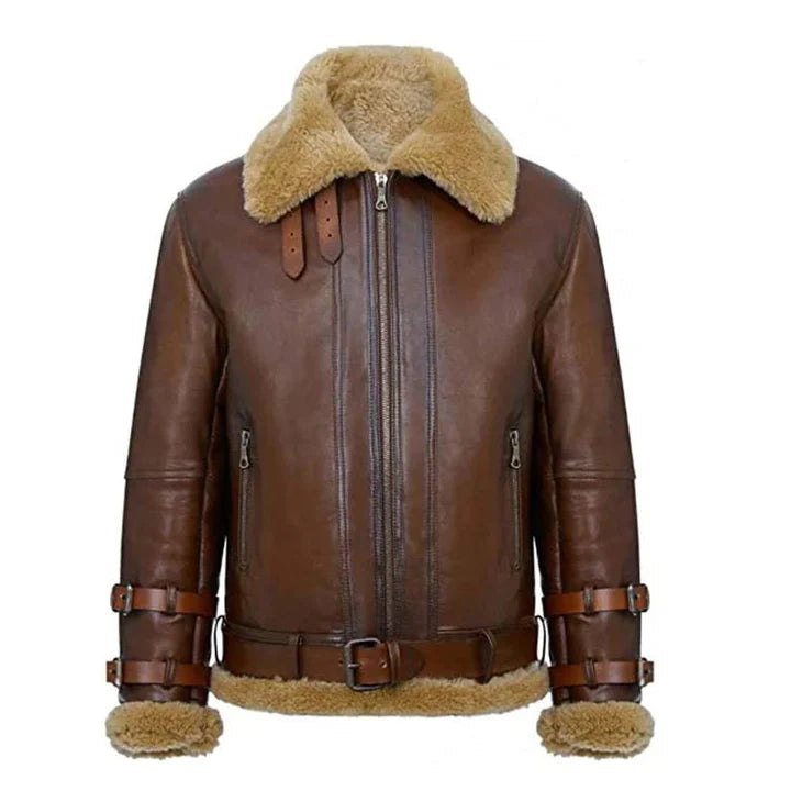 Men's Bomber Brown Leather Shearling Jacket-Classic Winter Outerwear