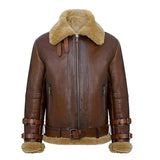 Men's Bomber Brown Leather Shearling Jacket-Classic Winter Outerwear