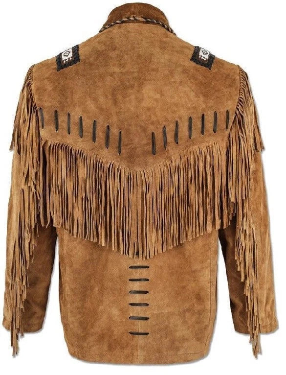 Men’s Cowboy American Leather Fringe Jacket Western Suede Beaded Native Style Coat