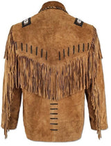 Men’s Cowboy American Leather Fringe Jacket Western Suede Beaded Native Style Coat