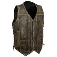 Men's Roulette Distressed Brown 7 Pocket Motorcycle Cowhide Leather Vest - Men Leather Vests - Front View