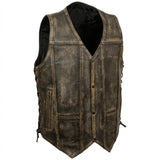 Men's Roulette Distressed Brown 7 Pocket Motorcycle Cowhide Leather Vest - Men Leather Vests - Front View