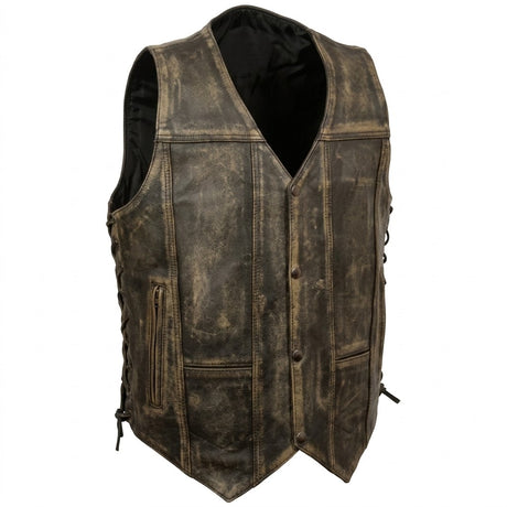Men's Roulette Distressed Brown 7 Pocket Motorcycle Cowhide Leather Vest - Men Leather Vests - Front View