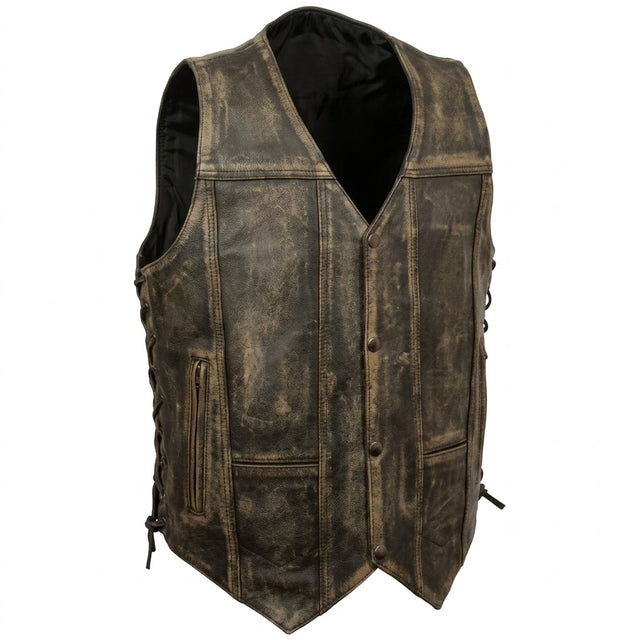 Men's Roulette Distressed Brown 7 Pocket Motorcycle Cowhide Leather Vest - Men Leather Vests - Front View